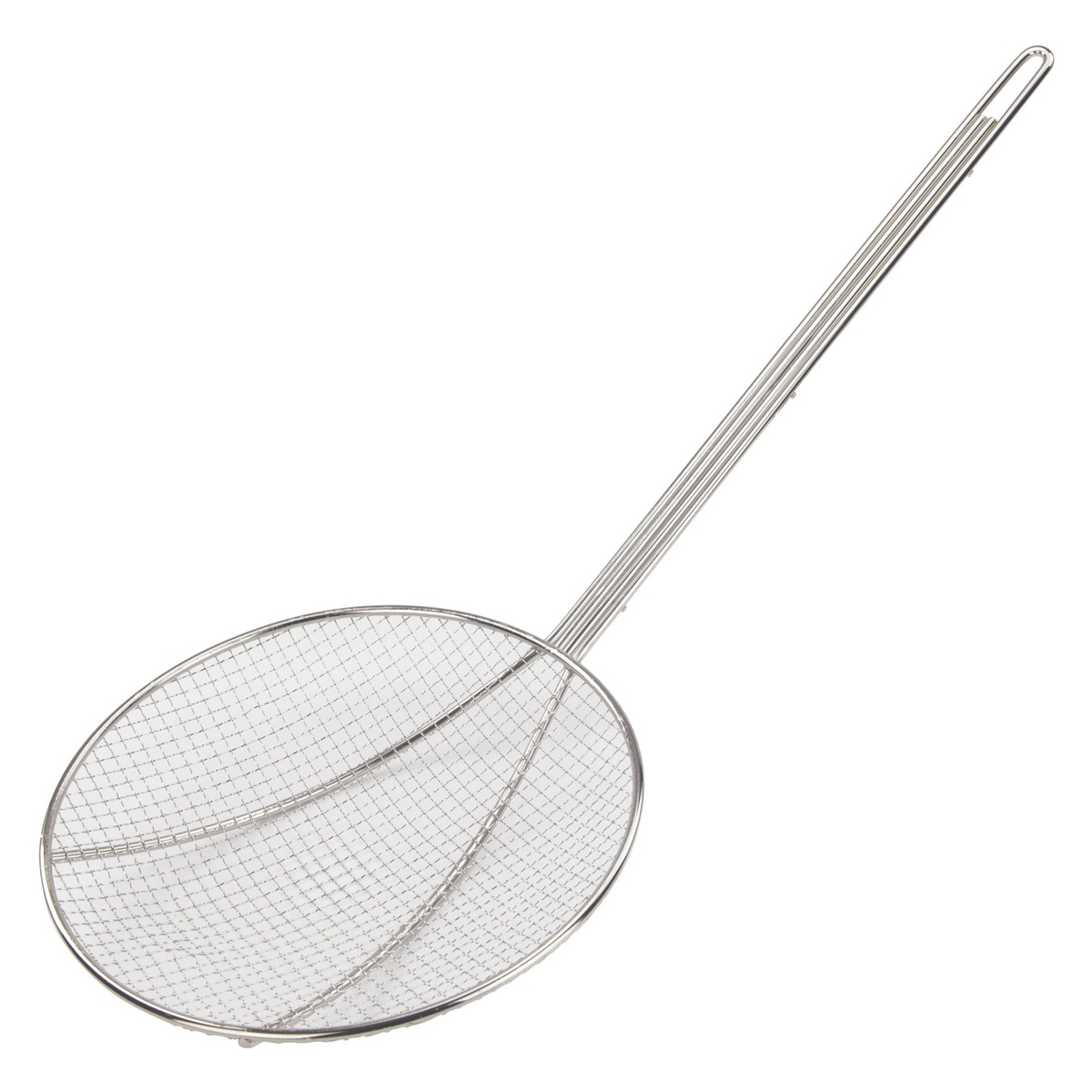 Winco SC-9R 9-inch round nickel-plated wire skimmer with long metal handle on white background