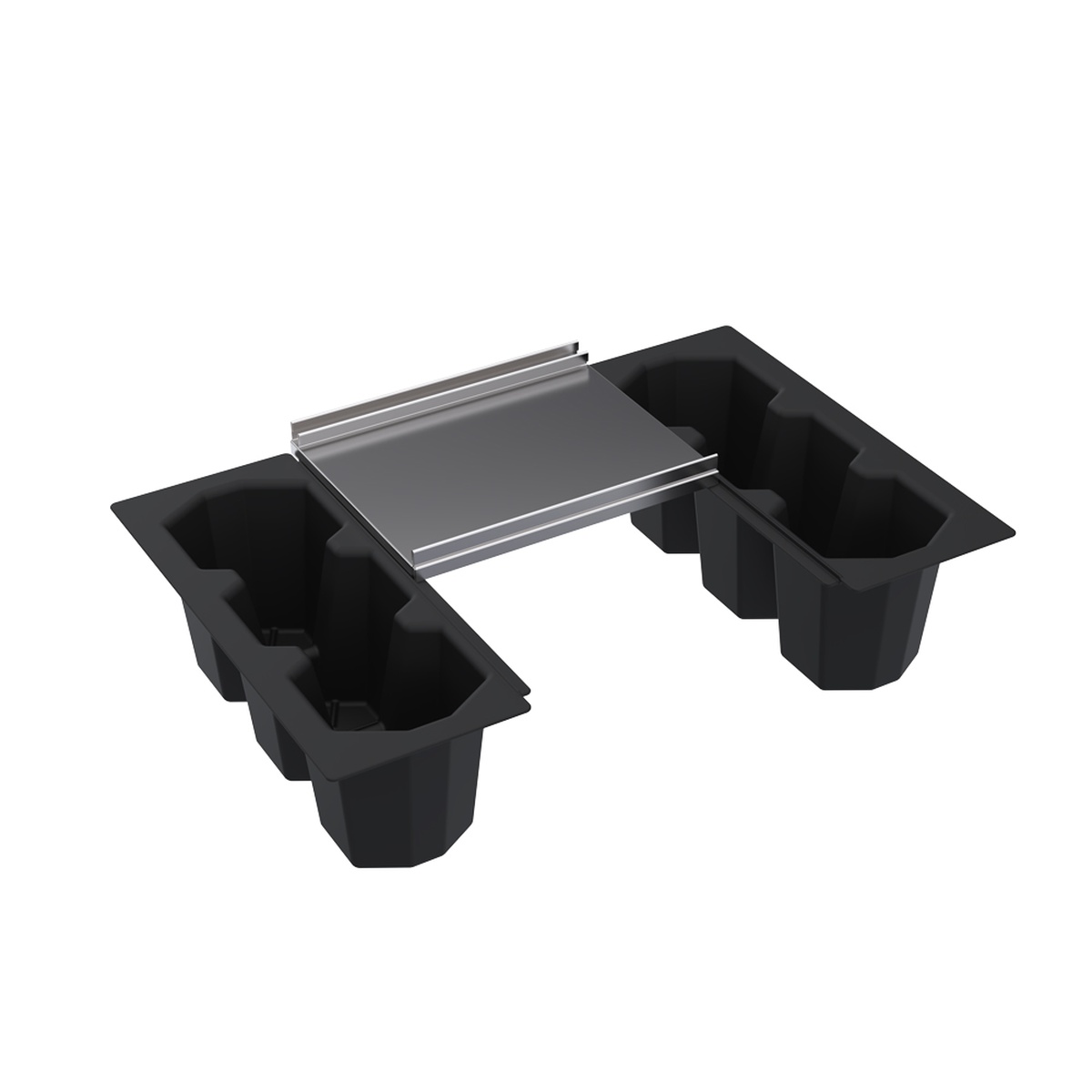 Krowne SC24H partial sliding cover with two black 3-compartment bottle wells and stainless steel center panel