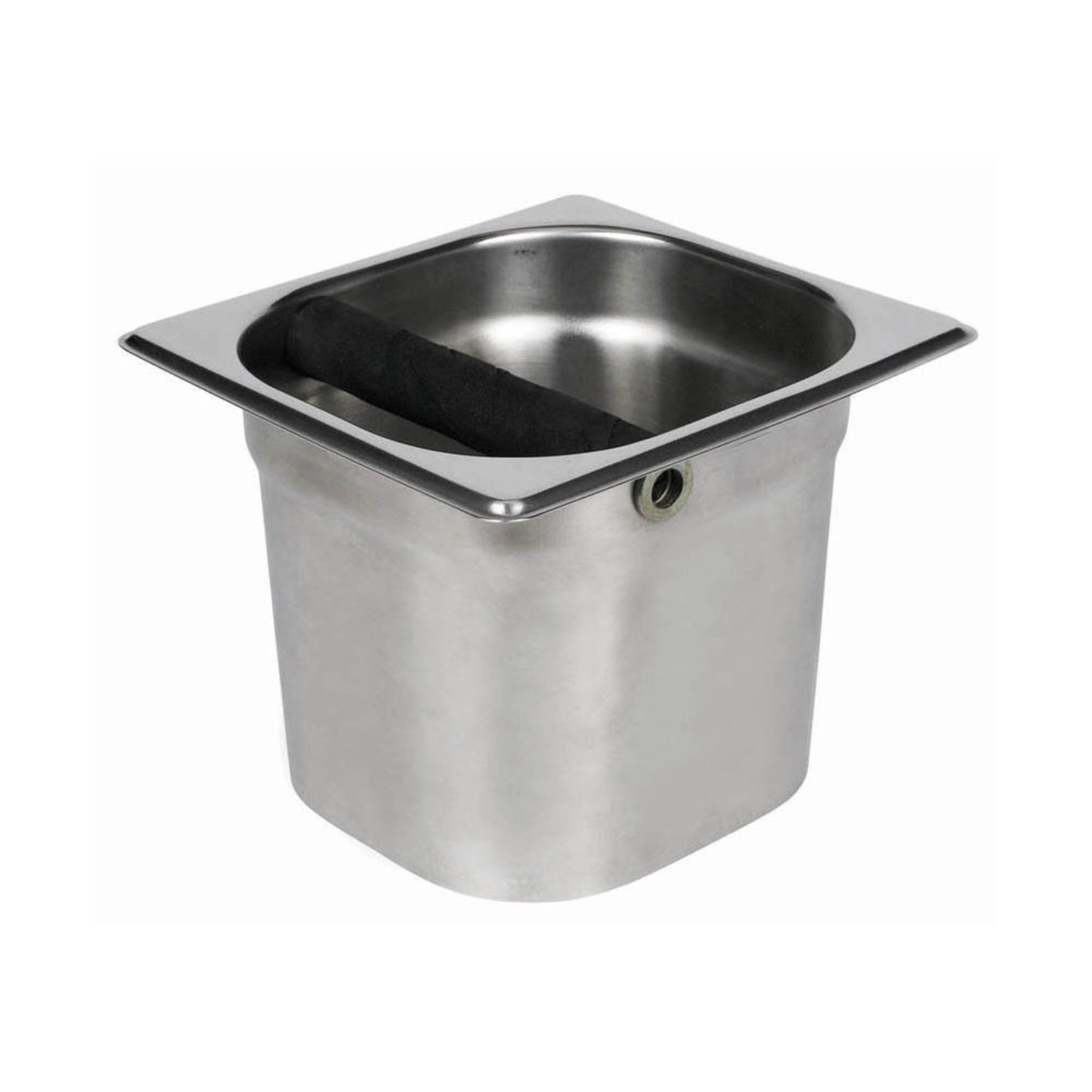 Winco SCD-5 stainless steel coffee knock box with black knock bar, shown on white background