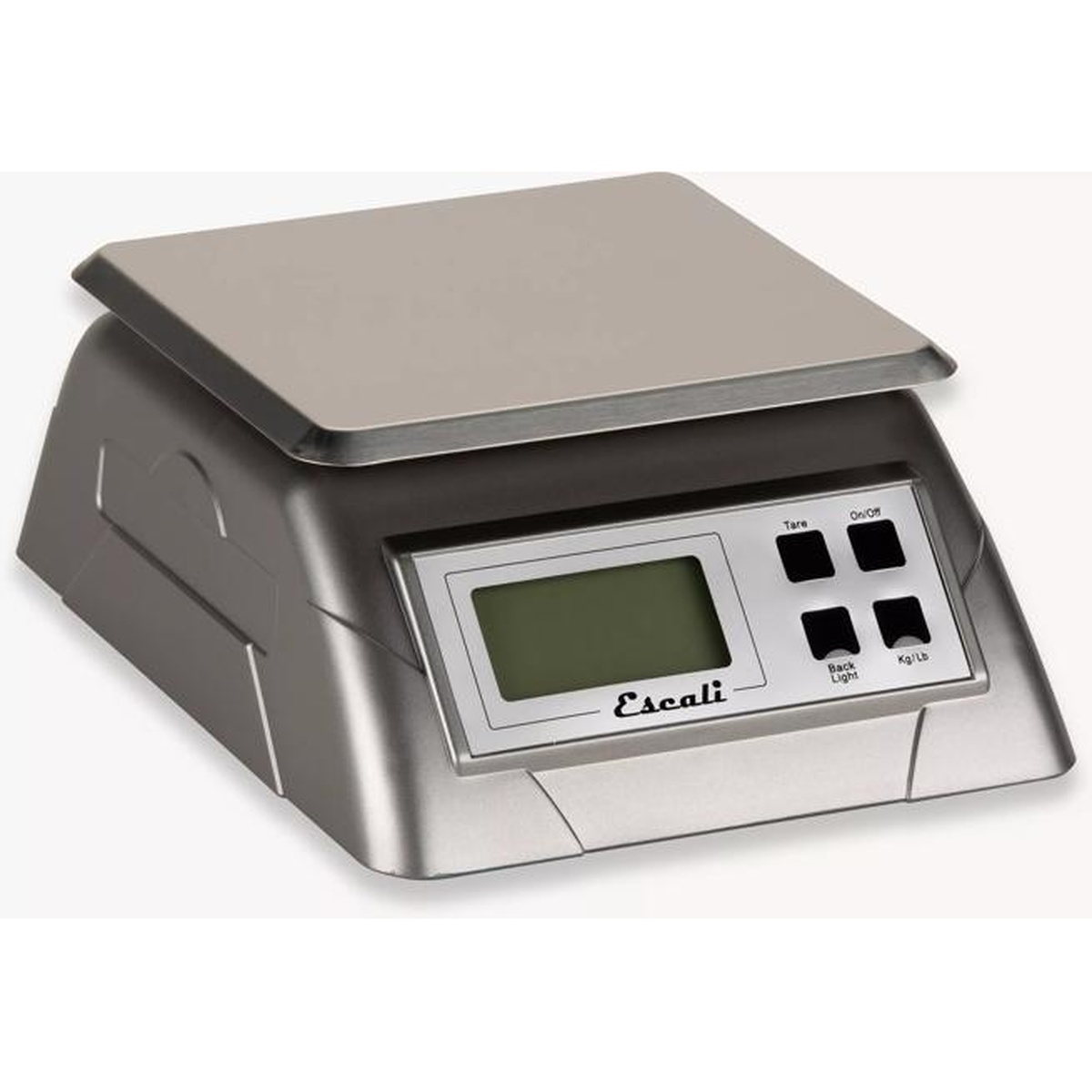 Digital kitchen scale with stainless steel platform and front display