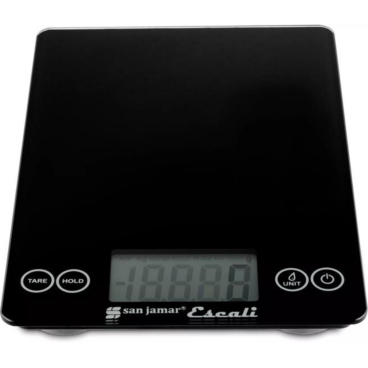 Top view of black glass digital scale showing tare, hold, unit, and power buttons