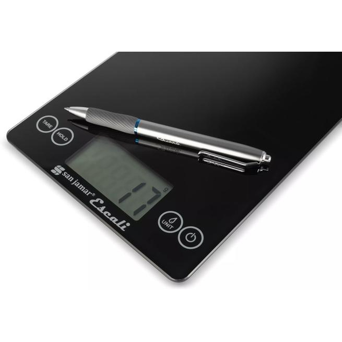Angled view of black glass digital scale showing thin profile