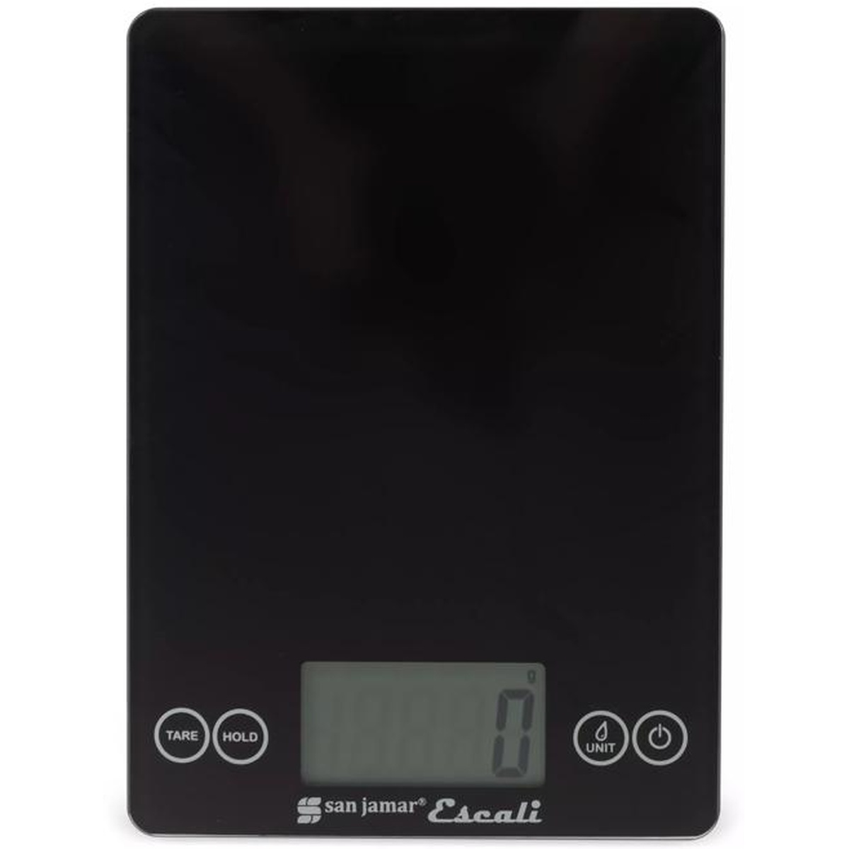 Black glass digital kitchen scale with touch buttons and large display