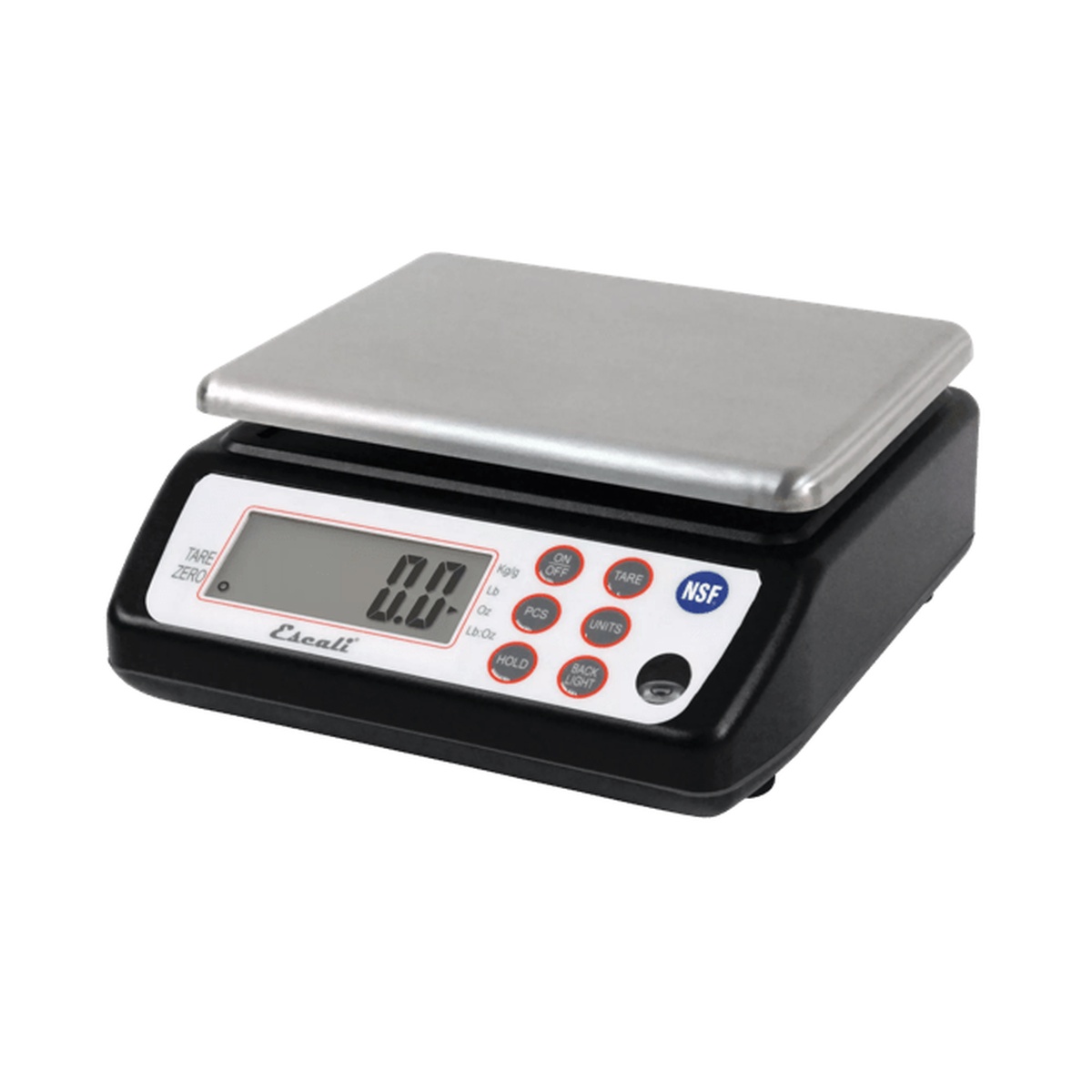 Square Professional Digital Scale front angled view on white background showing stainless steel weighing platform, LCD display, and full NSF-certified control panel layout
