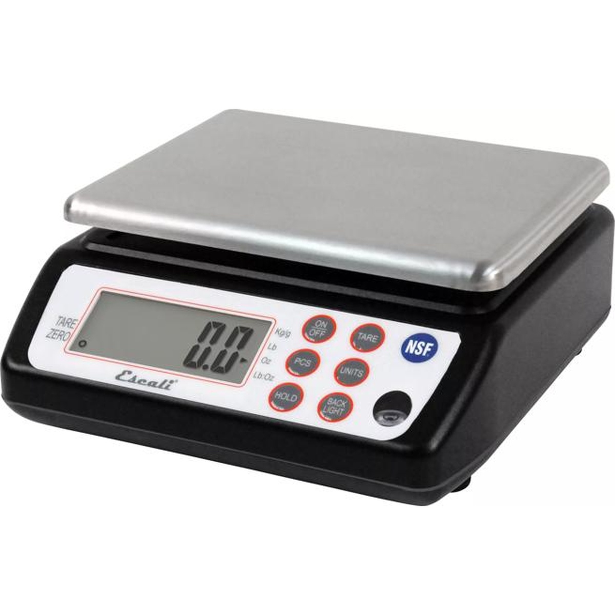 Square Professional Digital Scale in black with removable stainless steel platform, large LCD display, and labeled NSF-certified control buttons including Tare, PCS, Hold, Units, and Backlight
