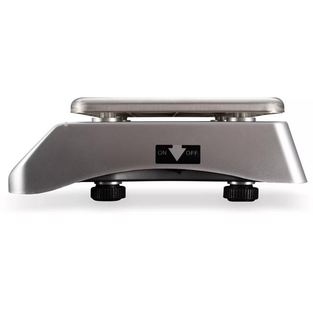 Side profile of San Jamar Escali scale showing adjustable leveling feet and ON/OFF switch on the back panel