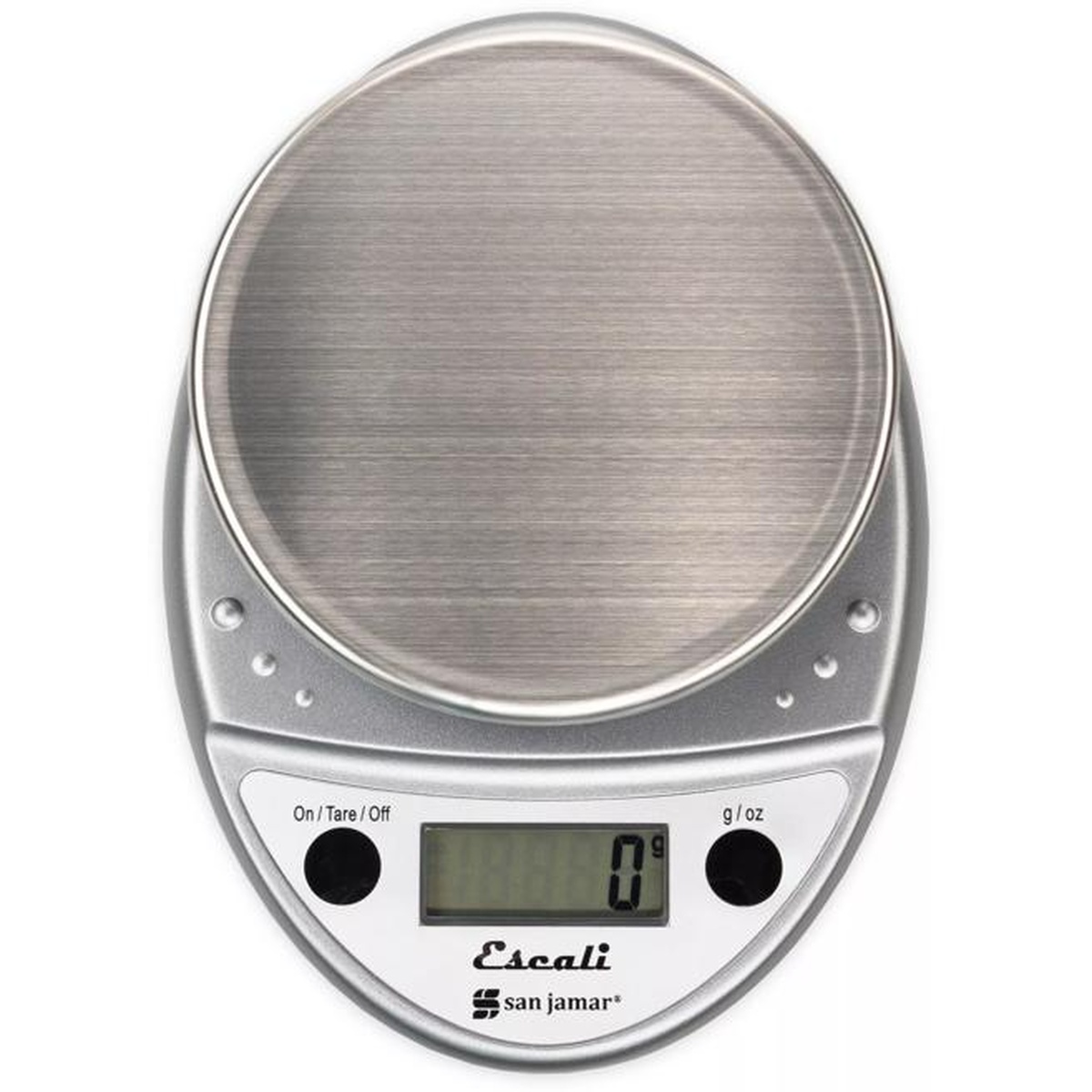 Top-down view of metallic Escali San Jamar digital scale showing round brushed stainless steel removable platform and LCD display