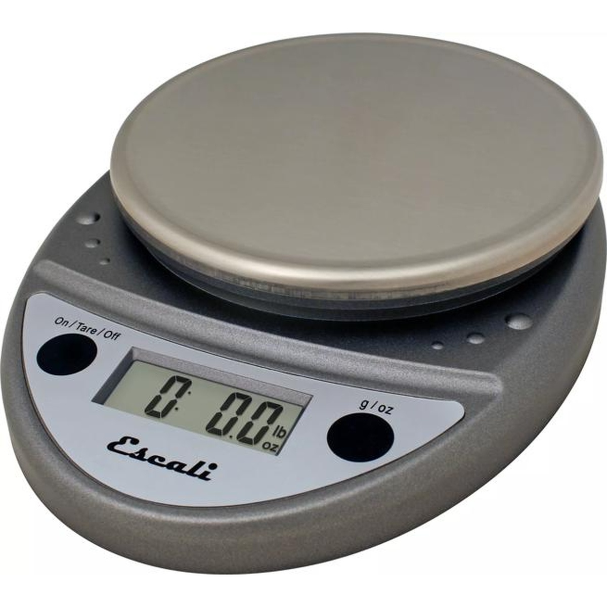 Three-quarter angle view of Escali digital portion control scale showing lb/oz digital readout and round removable weighing platform