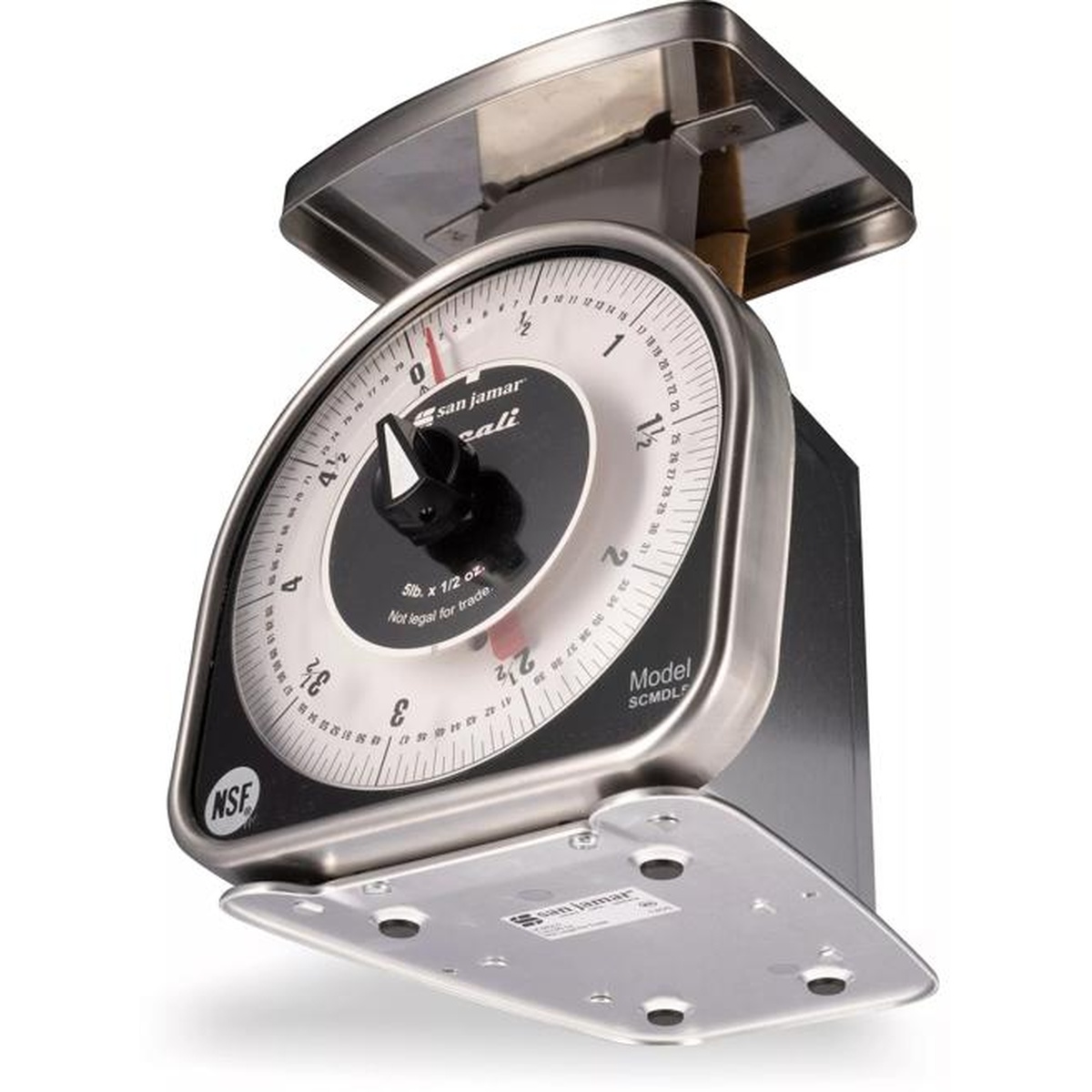 San Jamar Escali SCMDL5 dial scale angled view showing underside maintenance panel and pre-drilled mounting points