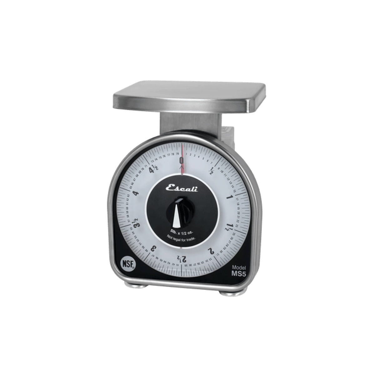 San Jamar Escali MS5 mechanical dial scale side view on white background showing stainless steel profile and non-slip feet