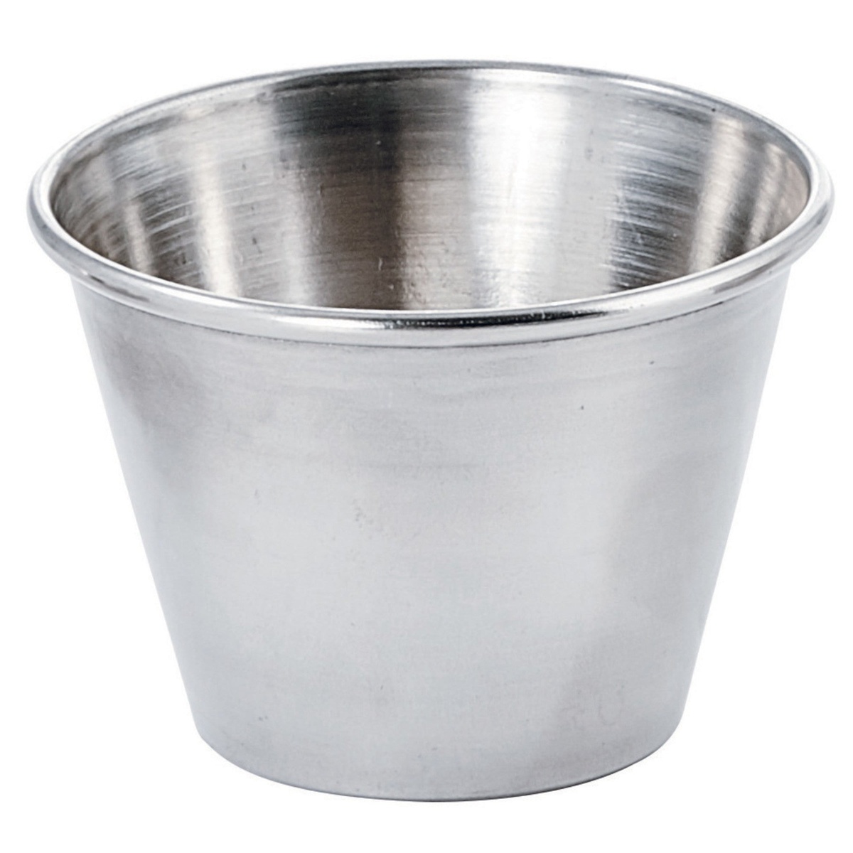Winco SCP-25 2.5 oz stainless steel round sauce cup with tapered sides and rolled rim, viewed from a slight angle