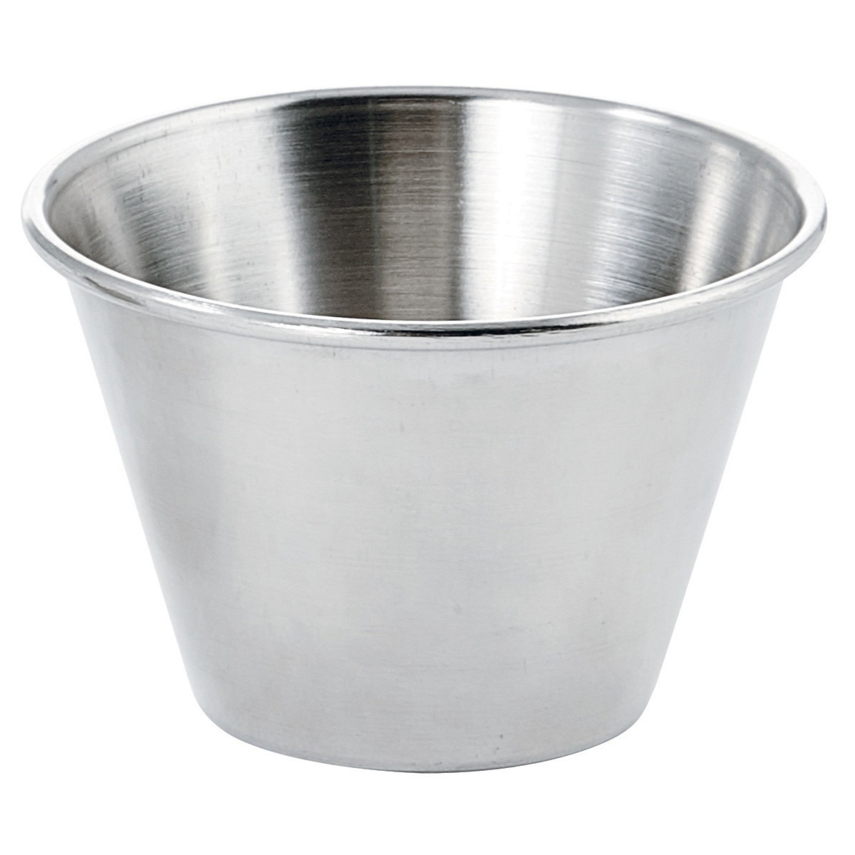 Winco SCP-40 4 oz round stainless steel sauce cup with polished finish and tapered body