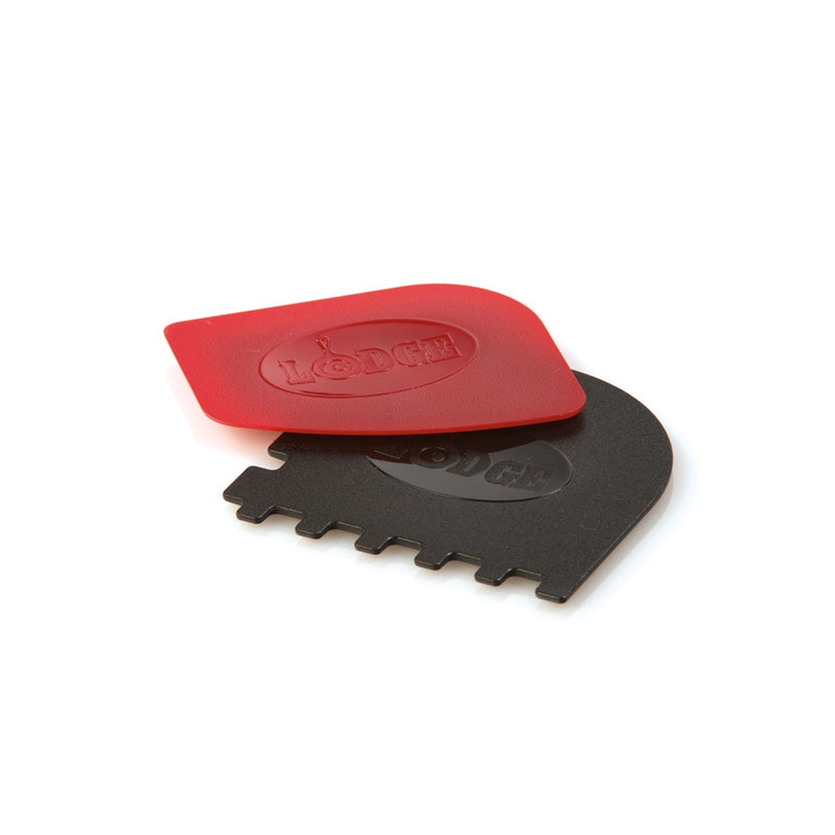 Lodge Scraper Combo set showing red pan scraper and black grill pan scraper on white background