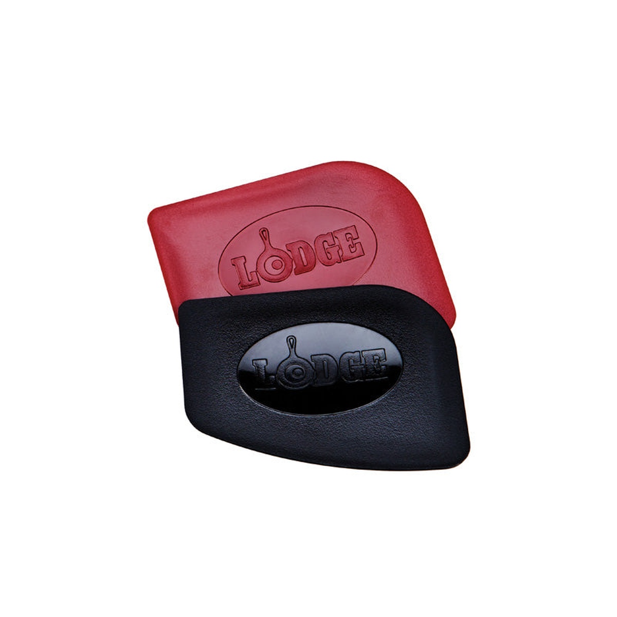 Lodge pan scraper set showing one red and one black polycarbonate scraper side by side on white background