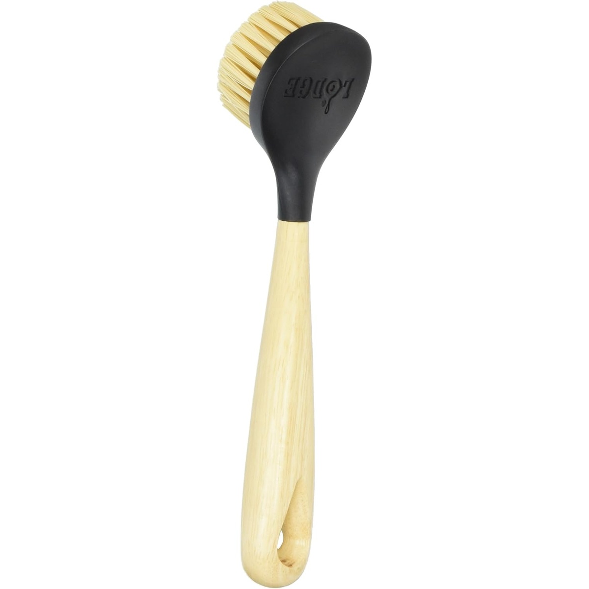 Rear view of Lodge scrub brush showing embossed Lodge logo on black plastic head and natural lacquer wood handle