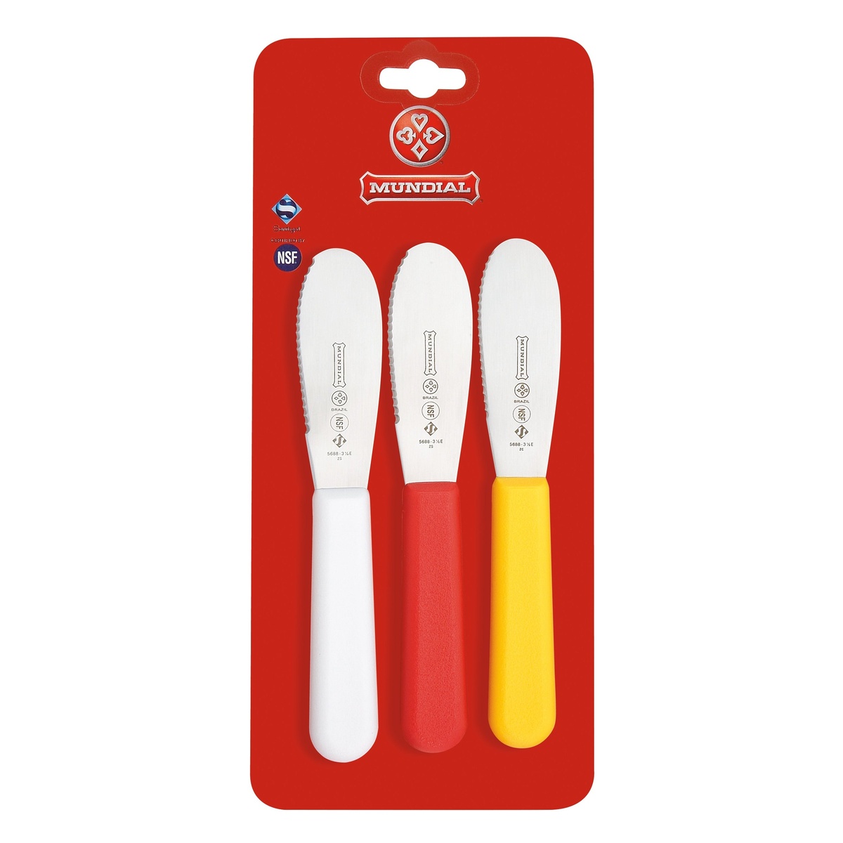 Mundial SCRYW5688E-3 set of three sandwich spreaders with white, red, and yellow polypropylene handles in retail blister card packaging