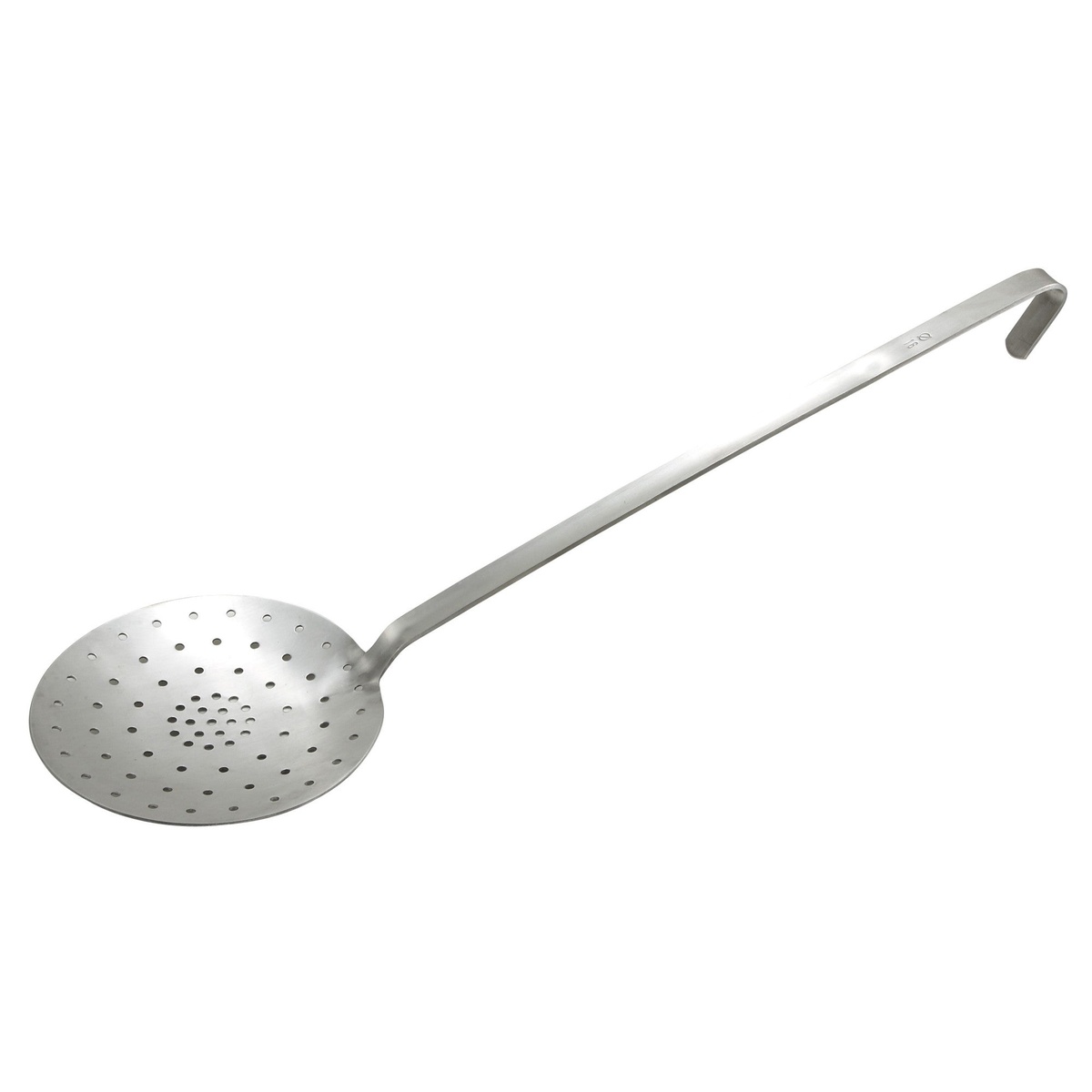 Winco SCS-6H stainless steel round skimmer with perforated bowl and long handle with hanging hook