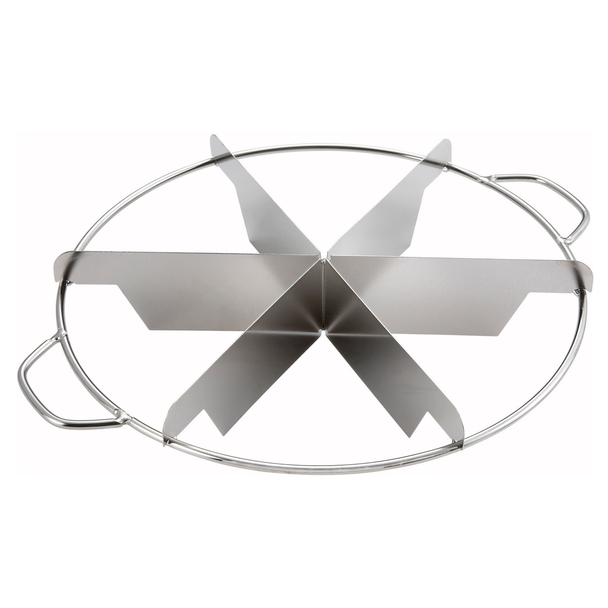 Winco SCU-6 stainless steel 6-cut pie cutter viewed from above showing six triangular blades and two side handles