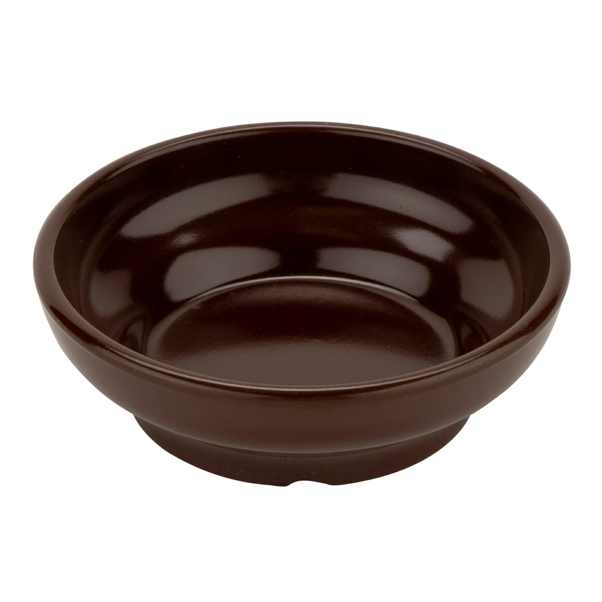G.E.T. Enterprises SD-05-BR brown melamine salsa dish, angled view showing wide rim and interior bowl