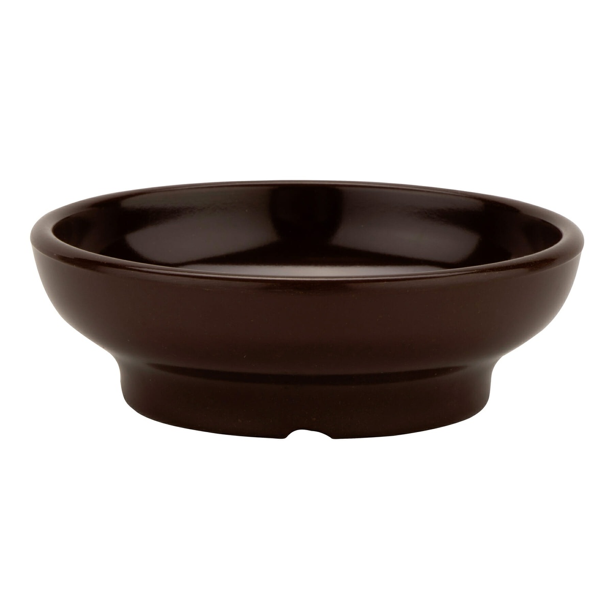 G.E.T. Enterprises SD-05-BR brown melamine salsa dish, front/side view showing footed base and smooth exterior