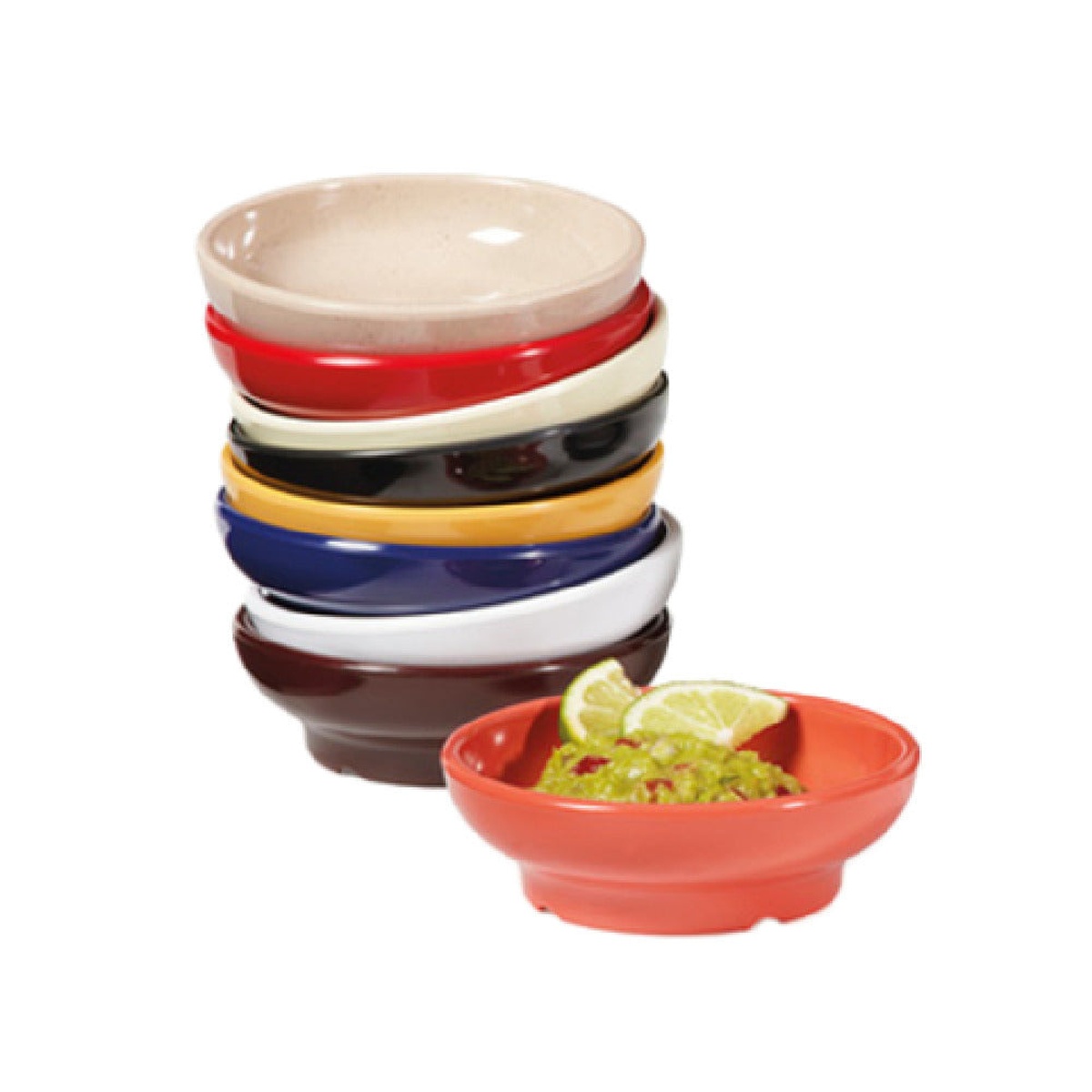 GET Enterprises Viva Mexico melamine salsa dishes stacked in multiple colors including red, ivory, black, blue, white, and sand