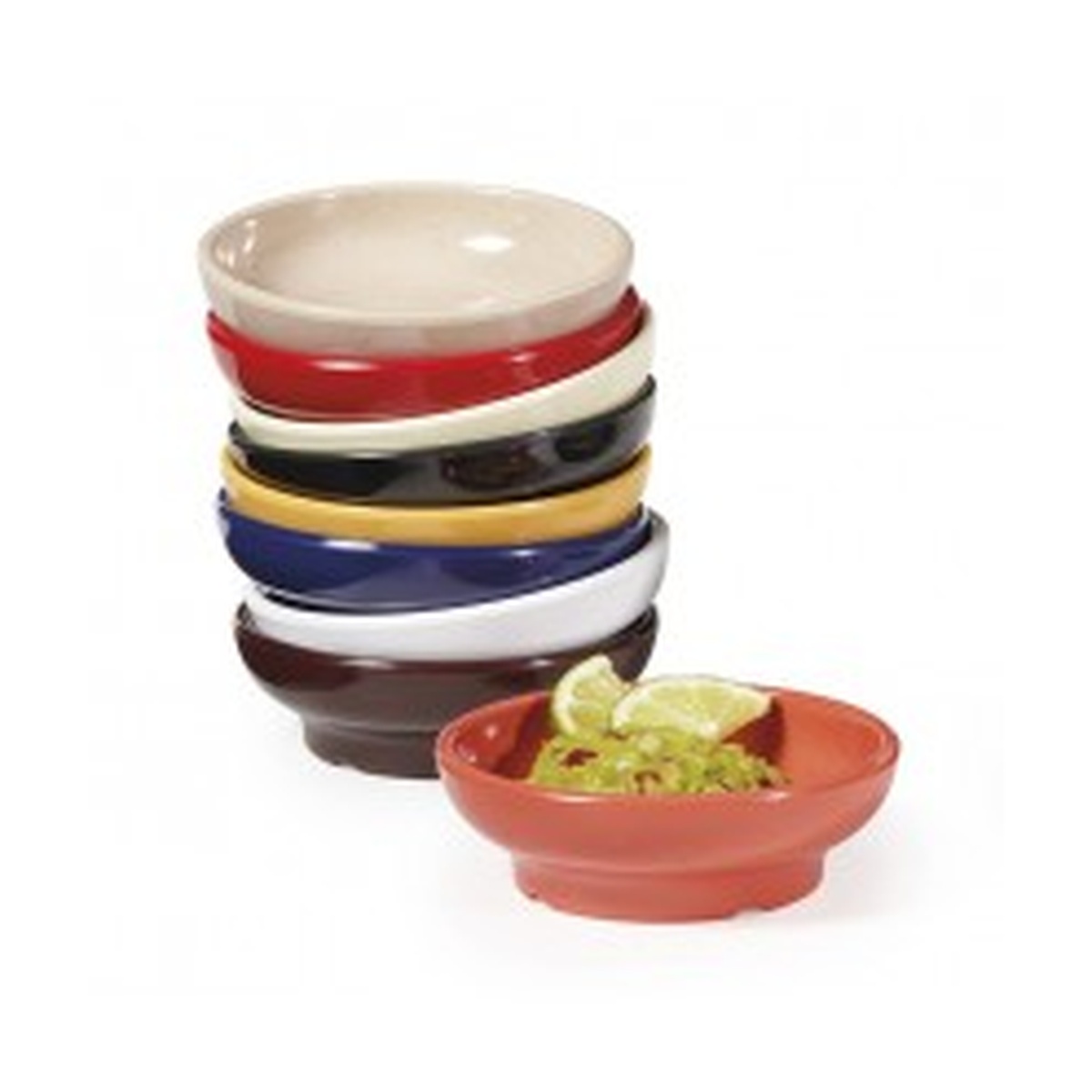 GET Enterprises SD-05-W white melamine salsa dishes stacked in multiple colors