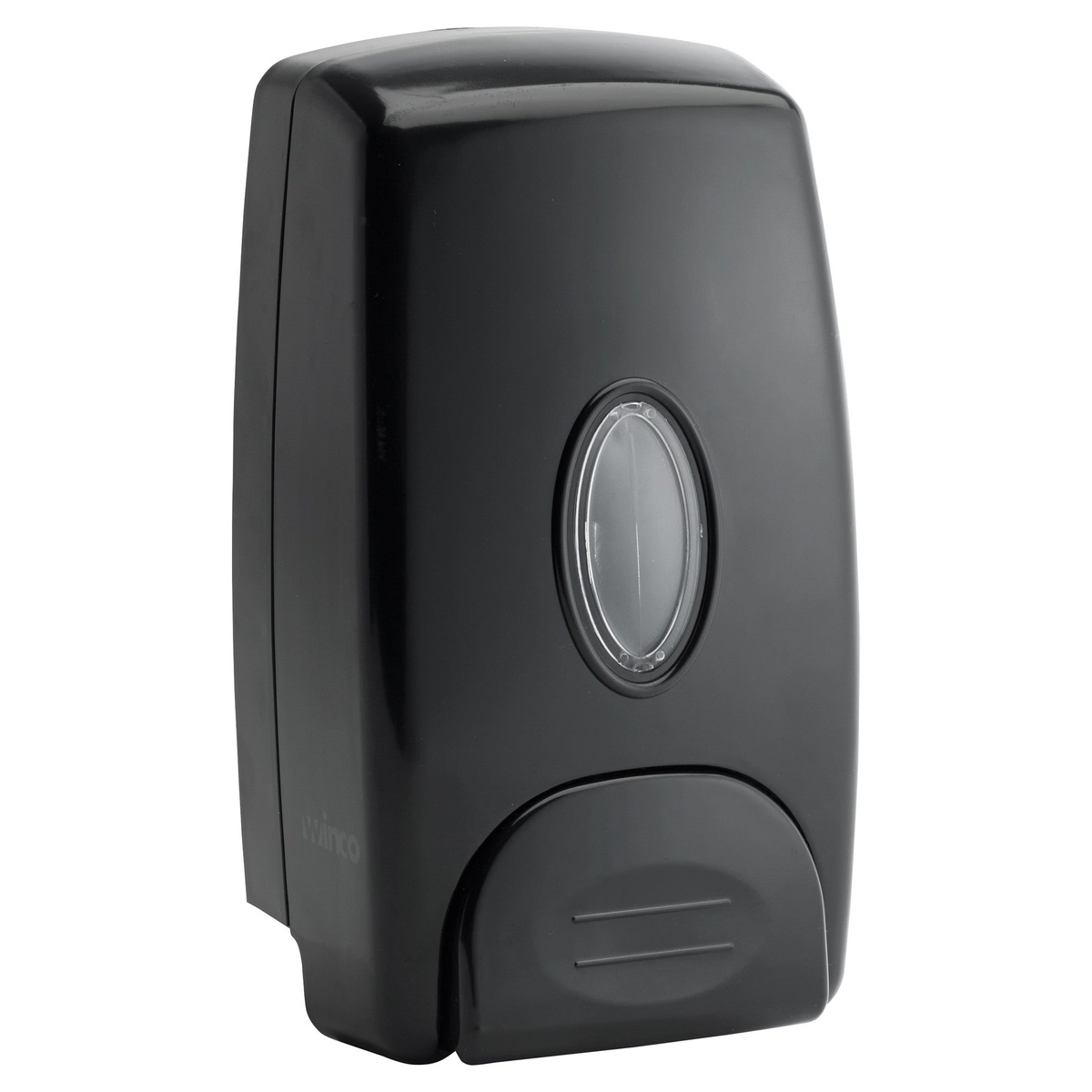 Winco SD-100K black plastic wall-mount manual soap dispenser with oval sight window and push lever