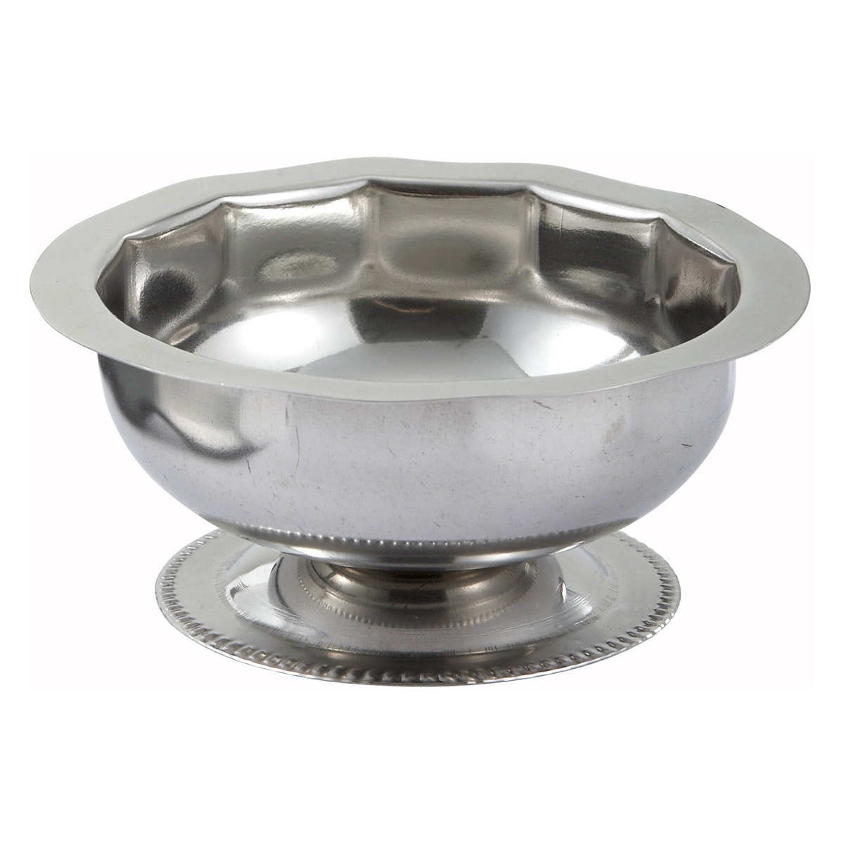 Winco SD-5 5 oz stainless steel sherbet dish with paneled sides, gadroon edge footed base, polished silver finish