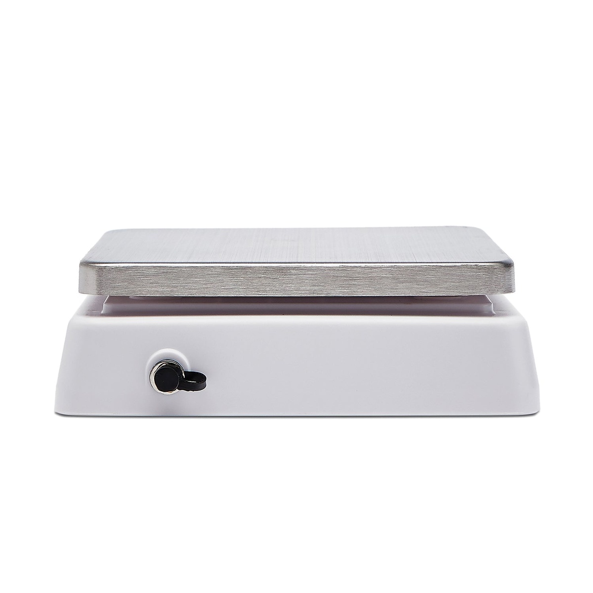 CDN SD0204 scale opposite side view showing AC adapter input port on white ABS housing below the brushed stainless steel platform