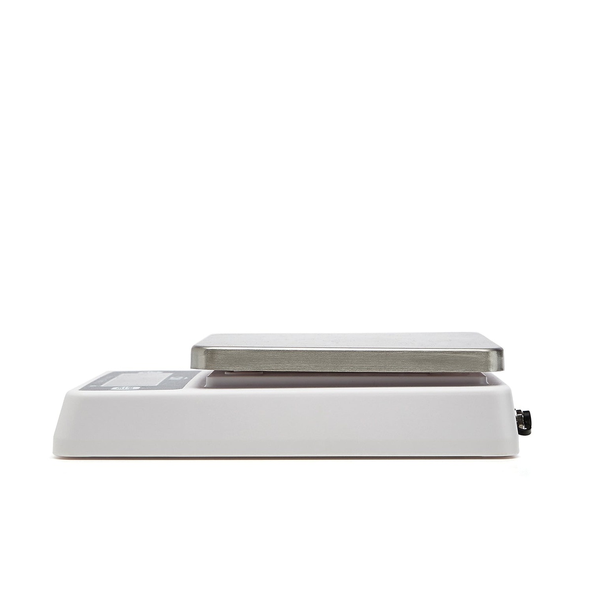 CDN SD0204 digital scale side profile view showing low-profile white ABS housing and brushed stainless steel weighing platform