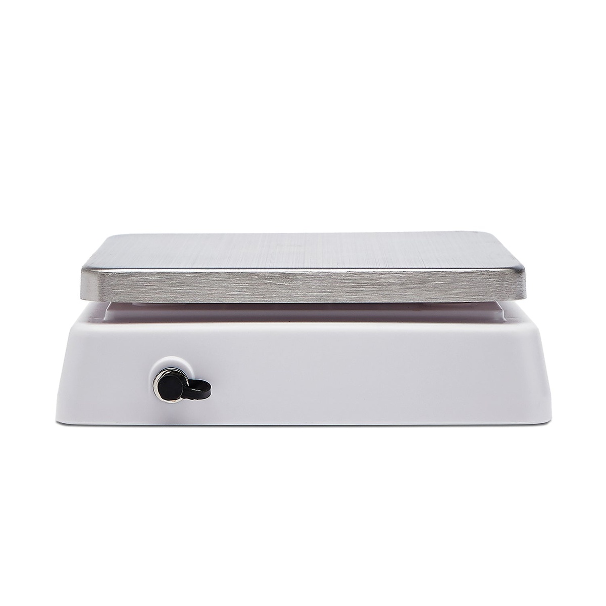 CDN SD0502 scale front-facing side view showing the AC adapter input port on the white ABS housing below the stainless steel platform