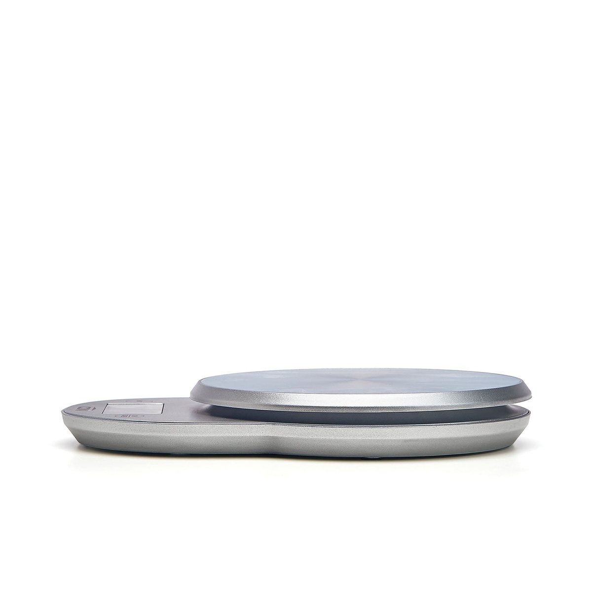 Side profile view of CDN digital scale showing ultra-low 1-inch profile with stainless platform resting on the base