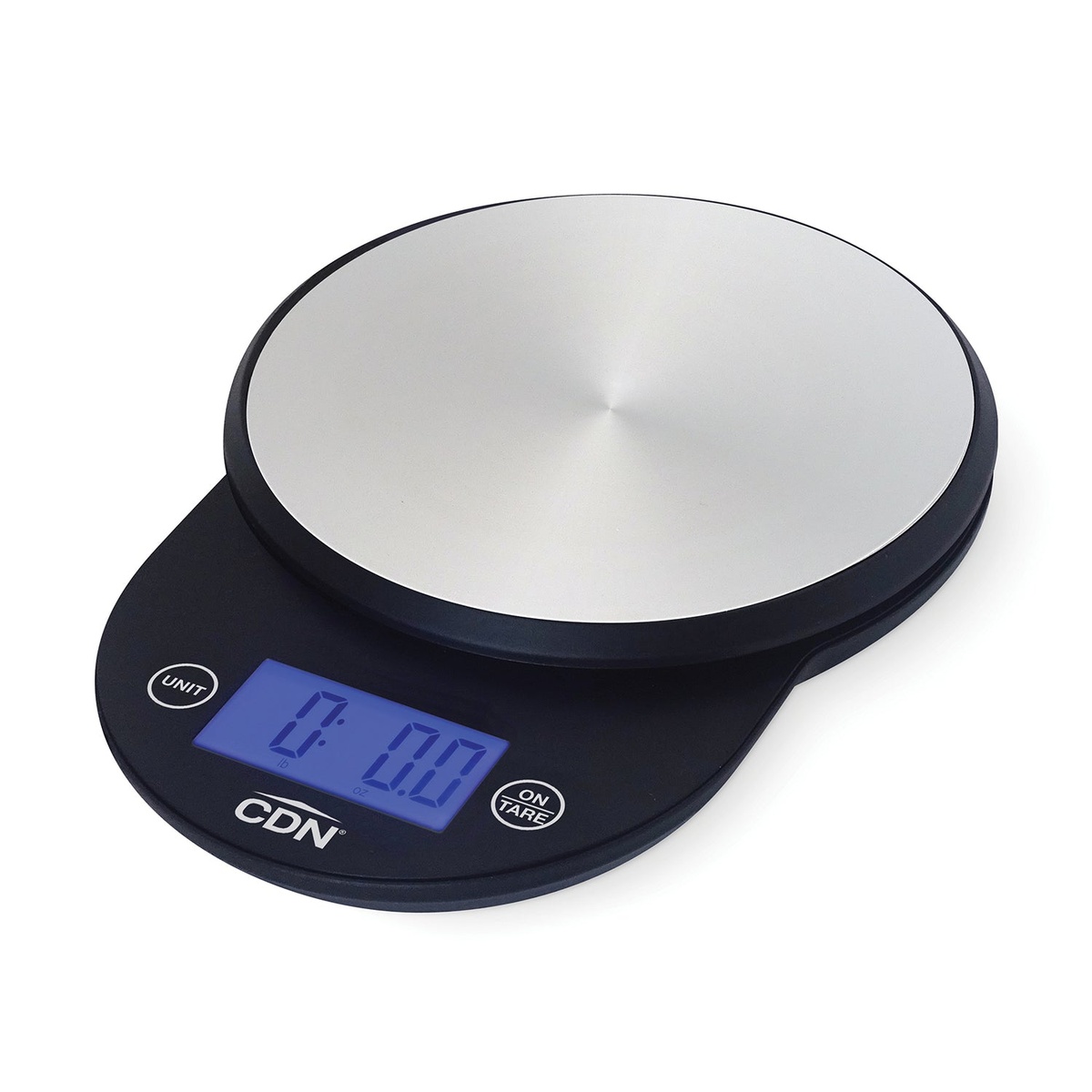 CDN SD1104-BK black digital kitchen scale with stainless steel platform and backlit LCD display showing UNIT and ON/TARE buttons