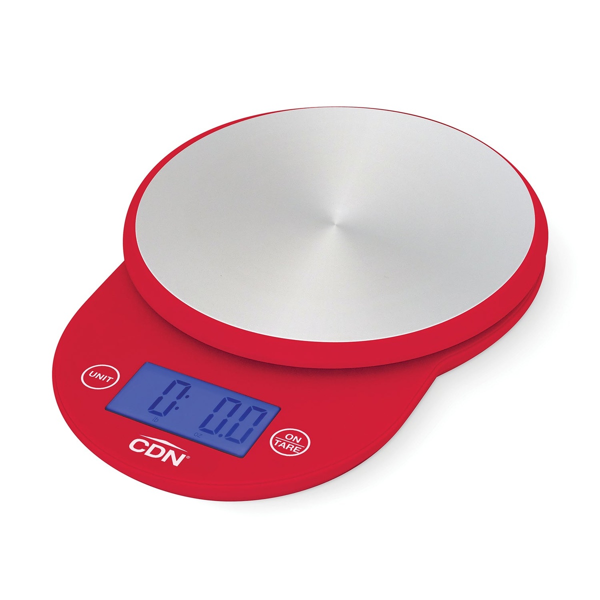 CDN SD1104-R red digital portion control kitchen scale with round stainless steel platform and backlit LCD display