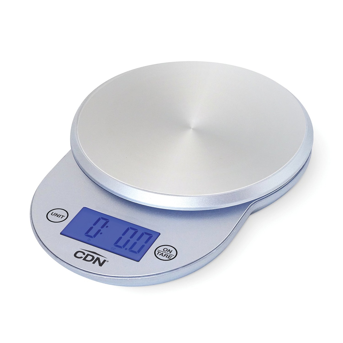 CDN SD1104-S digital kitchen scale in silver with stainless steel platform and blue backlit display showing zero