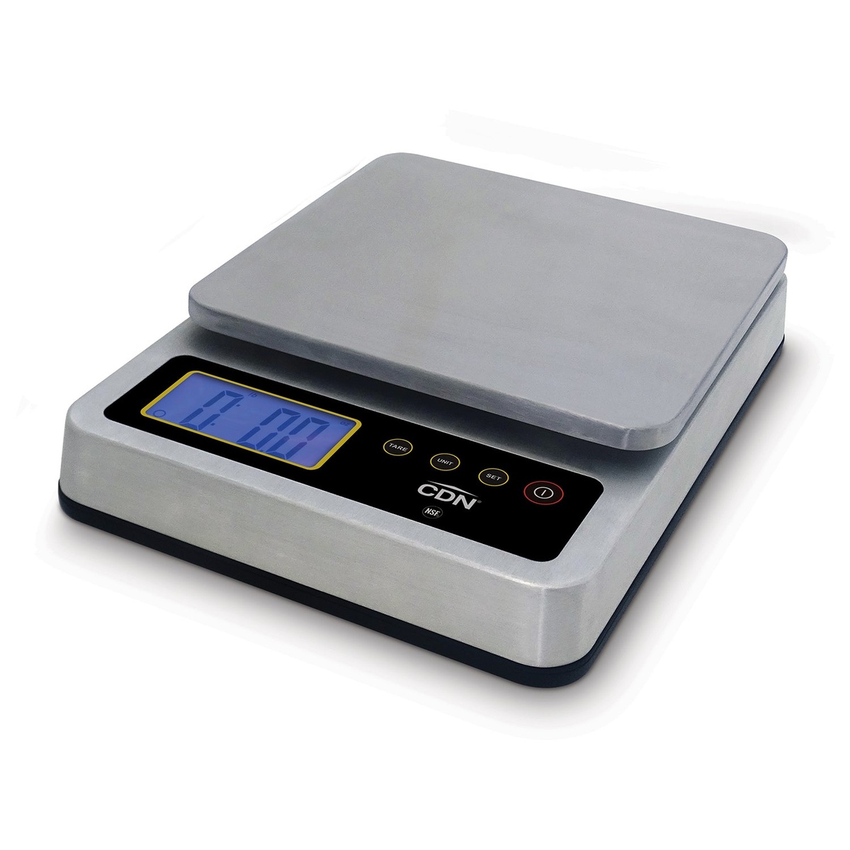 CDN SD1110X submersible digital scale with backlit LCD display and stainless steel platform, 3/4 angle view on white background