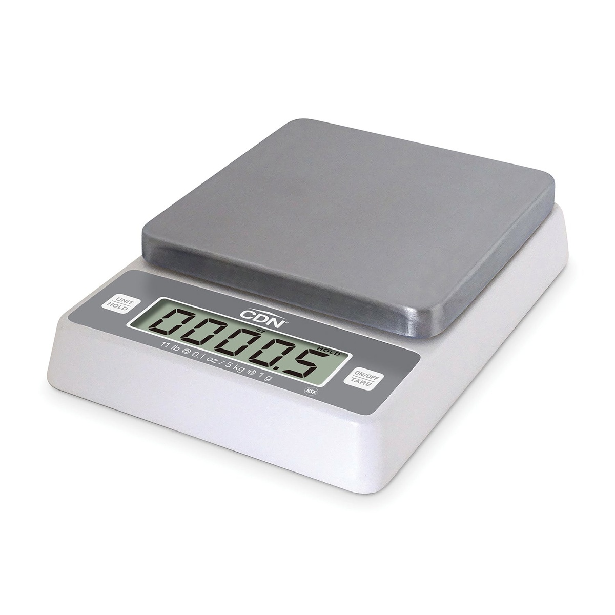 CDN SD1114 digital portion control scale angled front view showing LCD display, UNIT/HOLD and ON/OFF TARE buttons, and removable stainless steel platform