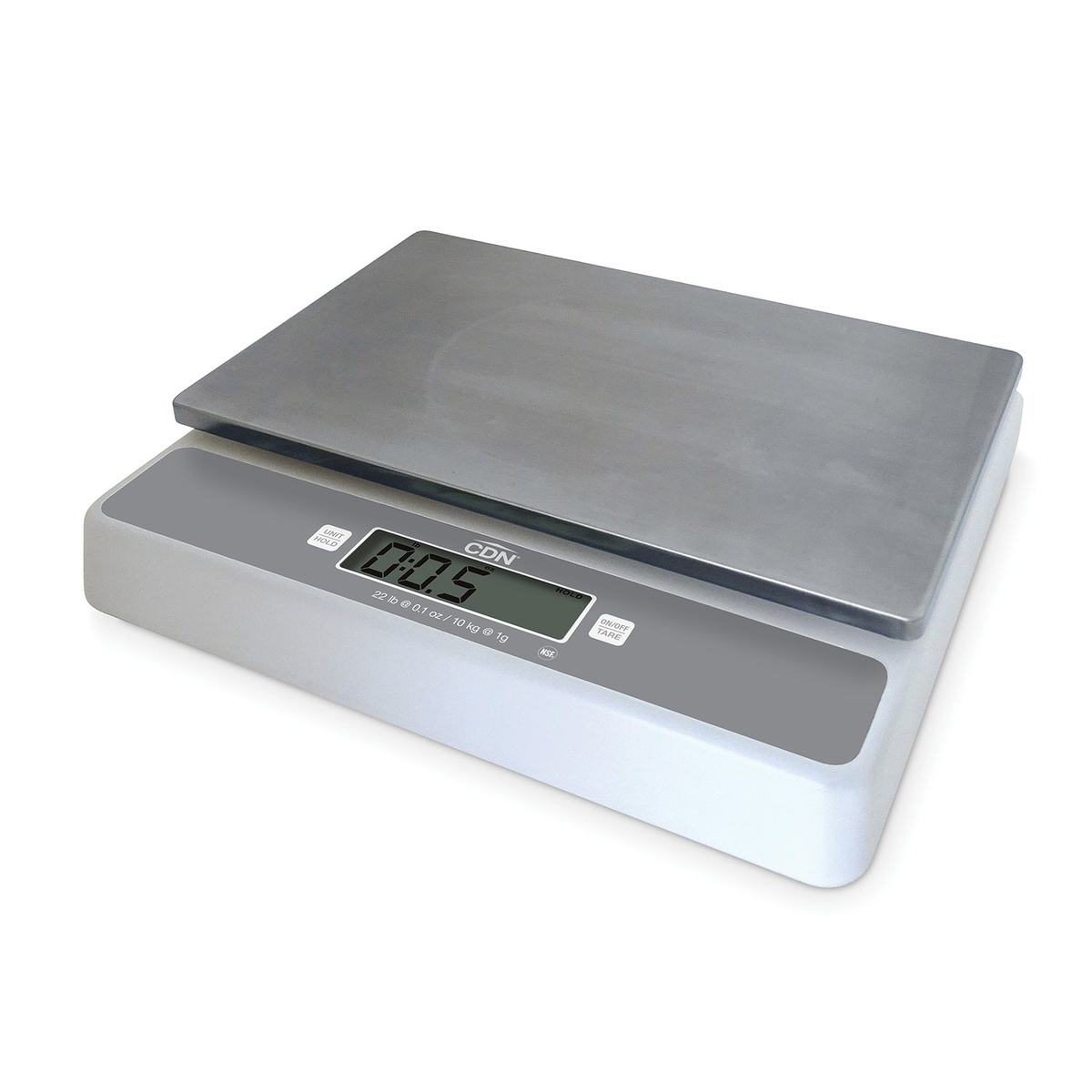 CDN SD2202 digital portion control scale angled view showing LCD display and stainless steel platform