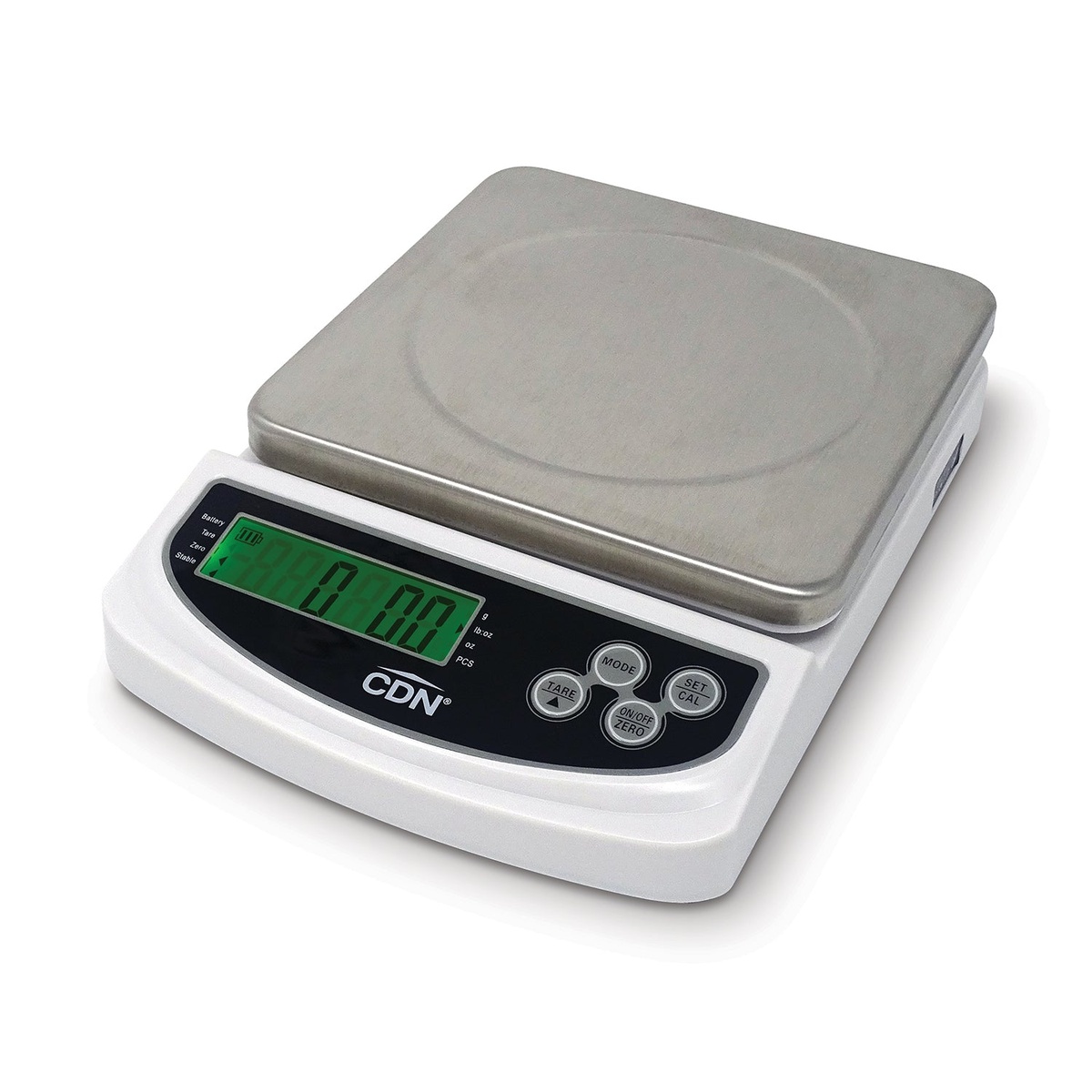CDN SD2206 digital portion control scale front three-quarter view showing backlit green display and stainless steel platform