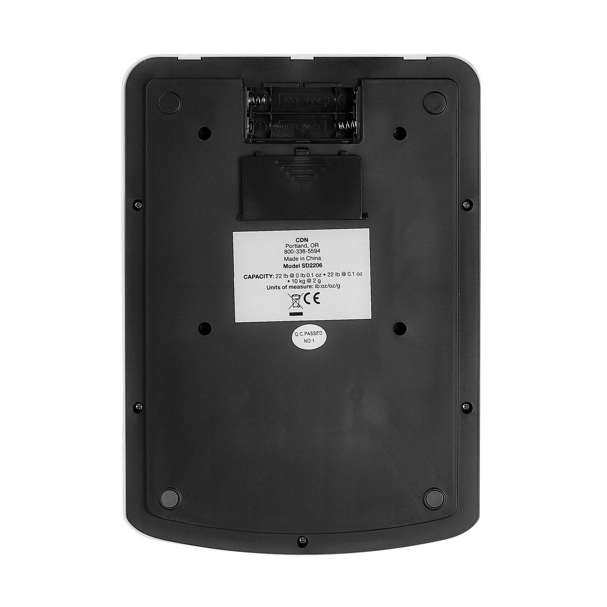 CDN SD2206 scale bottom view showing dual AAA battery compartment and capacity specification label