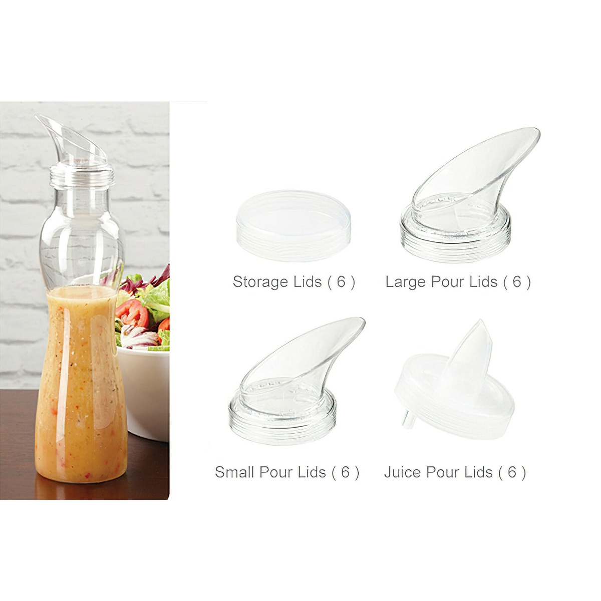 GET SDB-32-PC-6-CL clear polycarbonate salad dressing bottle set showing the bottle and all four lid types: storage lids, large pour lids, small pour lids, and juice pour lids