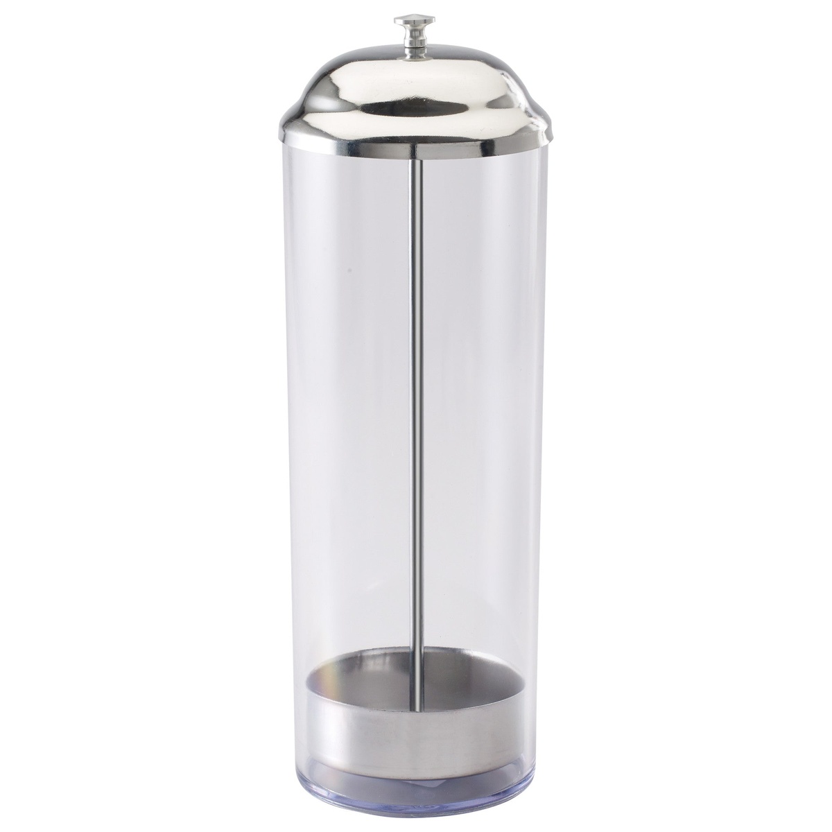 Winco SDP-3 vertical straw dispenser empty, showing clear SAN plastic cylinder with stainless steel domed pull-up lid and center insert