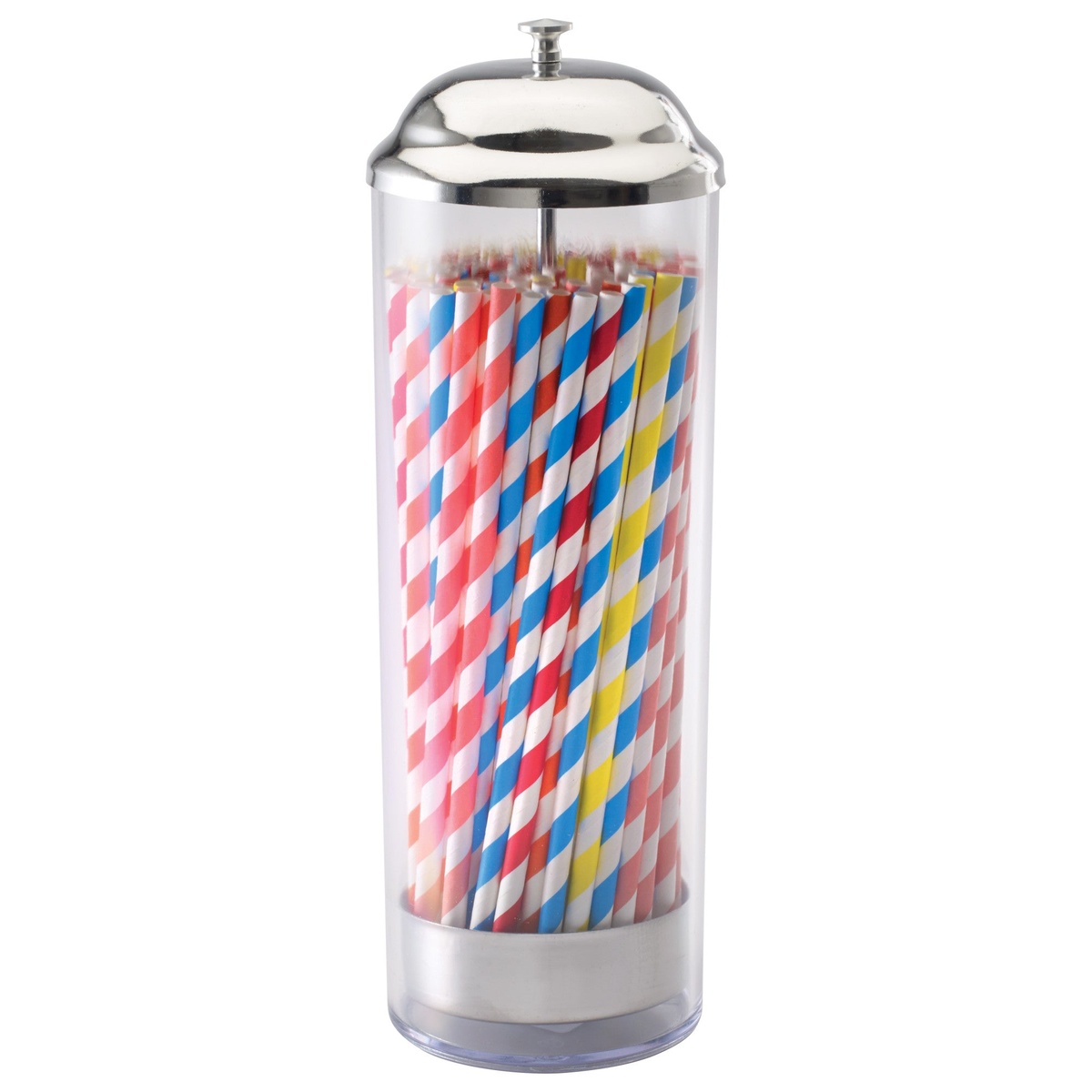 Winco SDP-3 straw dispenser filled with colorful striped paper straws, stainless steel lid in place on white background