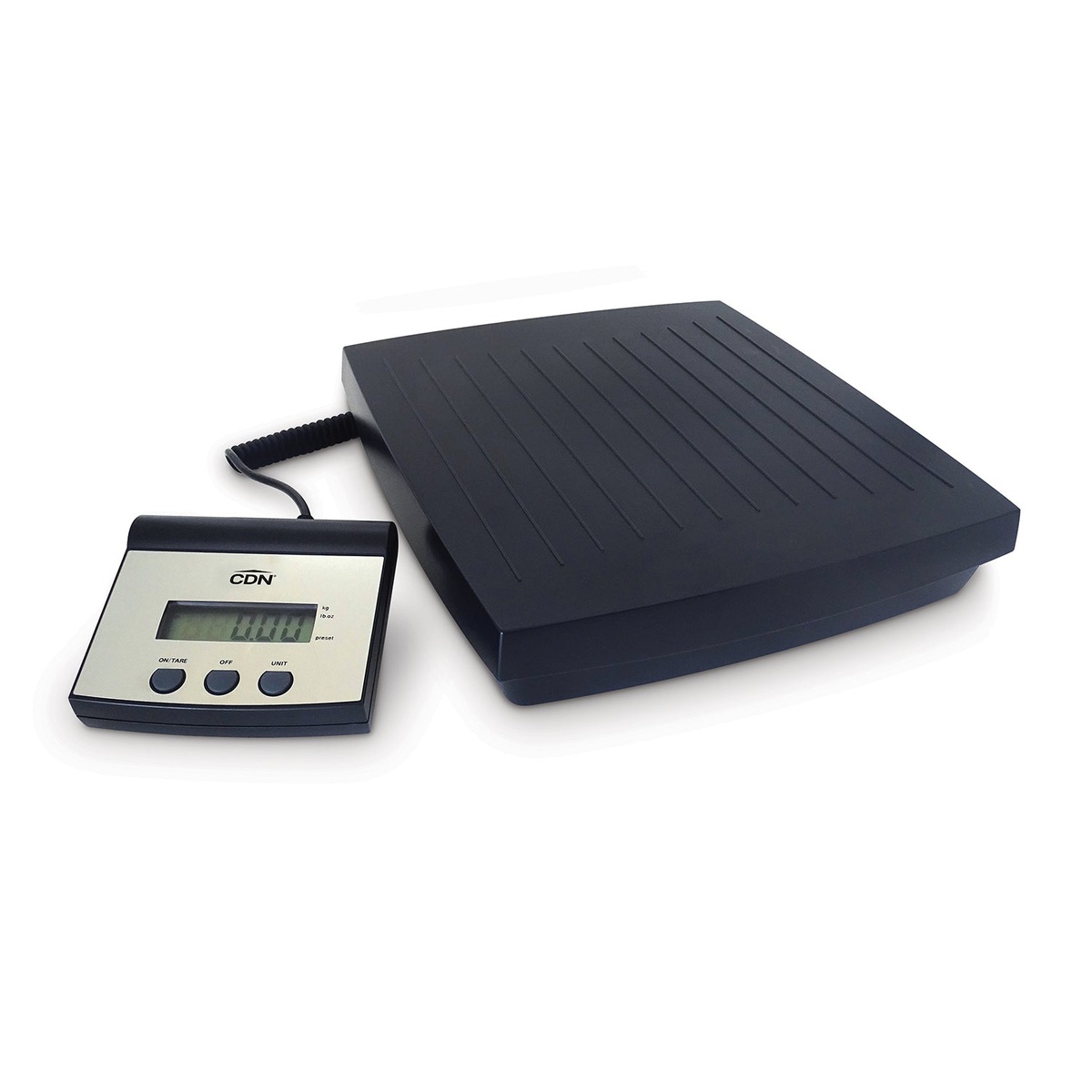CDN SDR220 digital shipping and receiving scale showing platform and extendable display unit connected by coiled cord