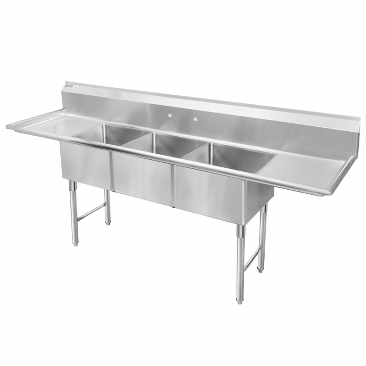 GSW USA SE16203D18 three compartment stainless steel sink with left and right drainboards on stainless steel legs