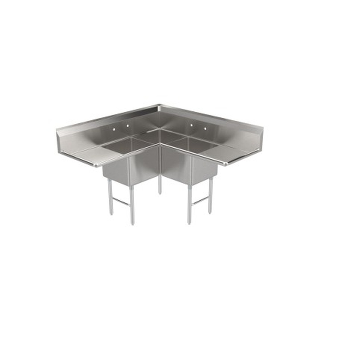 GSW USA SE18183C three-compartment stainless steel corner sink with dual 18-inch drainboards and cross-braced legs