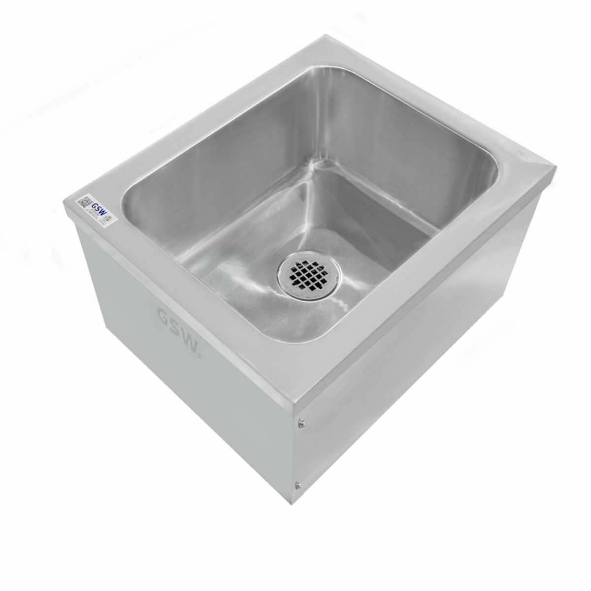 GSW USA SE2024FM stainless steel floor mount mop sink with plastic basket strainer, angled view