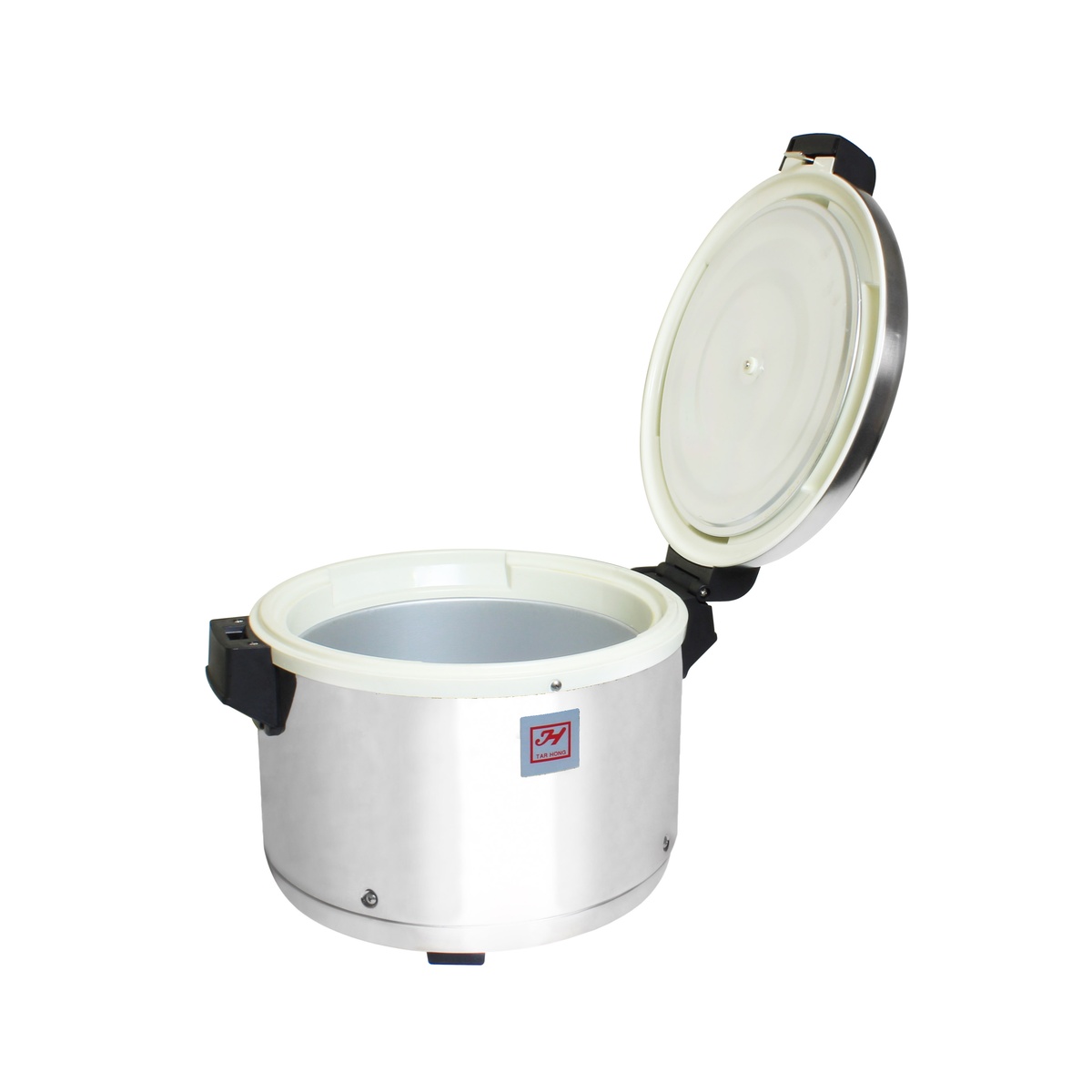 Rice warmer with hinged lid open