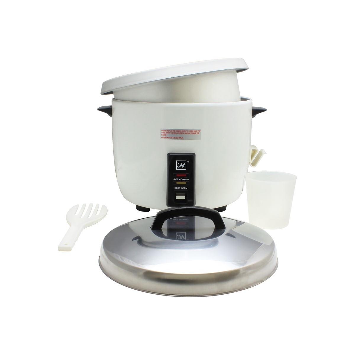 Rice cooker set showing lift-off lid, inner pot, measuring cup, and rice spatula