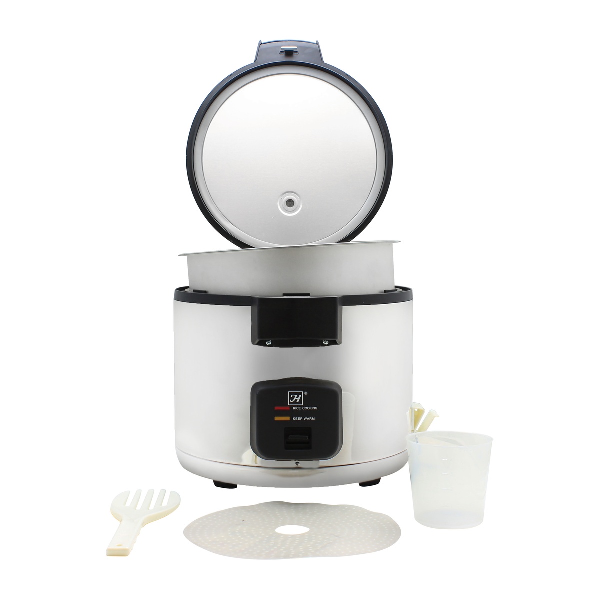 Rice cooker with hinged lid open showing included rice spoon, measuring cup, and silicone pad